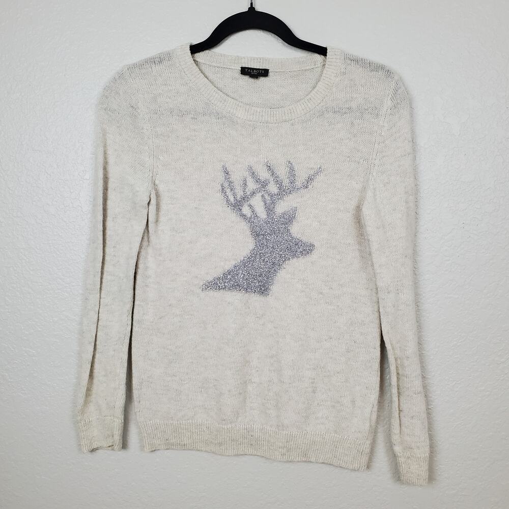 Talbots Sweater Womens XS? Novelty Reindeer Metallic Wool Alpaca‎ Crew Holiday